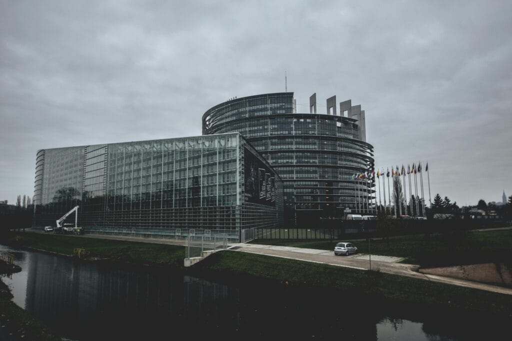 Modern architecture of the European Union's Parliament in Strasbourg.