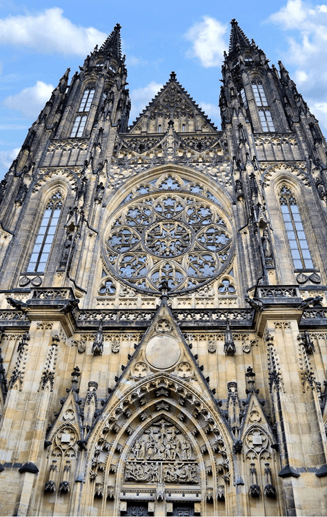 St. Vitus Cathedral facade displaying classic Gothic architectural details at Prague Castle, Czech Republic.