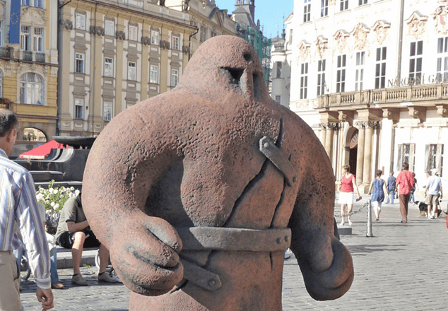 Large sculpture of a Golem figure in Prague, representing Jewish folklore myth about the clay protector.