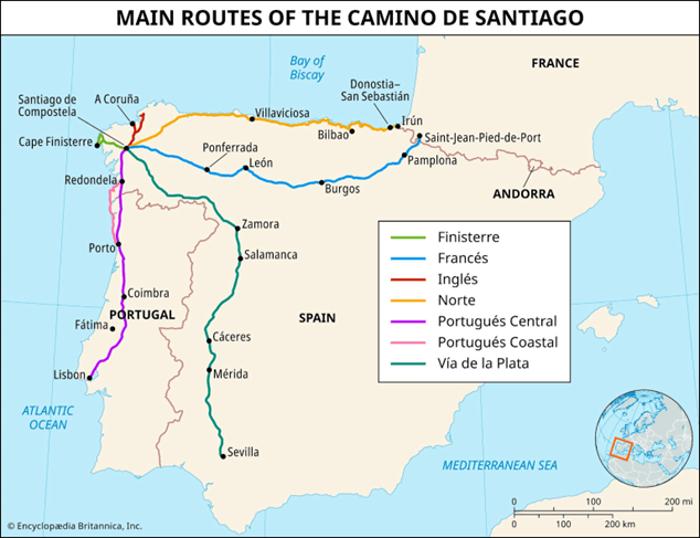 Map of the main pilgrimage routes of the Camino de Santiago leading to Santiago de Compostela in Spain and Portugal.