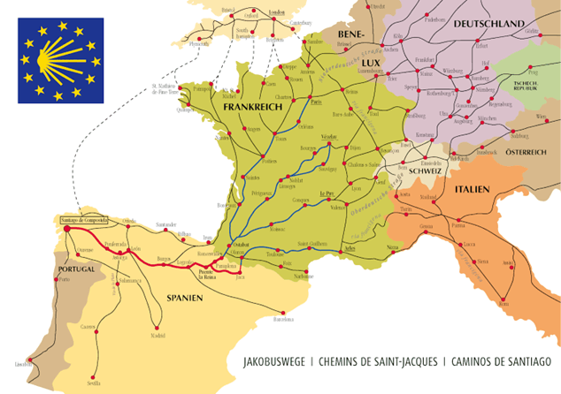 Map of the Camino de Santiago pilgrimage routes across Europe, highlighting the journey to Santiago de Compostela.