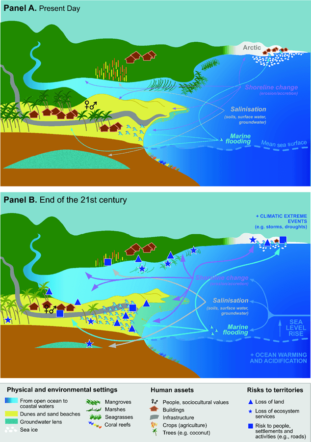 Illustration of sea level rise impacts on coastal areas showing current and projected conditions by the end of the 21st century with increased flooding, salinisation, shoreline change, and climate change.