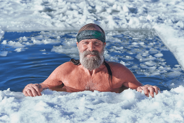 Wim Hof' practicing cold plunge immersion in an ice bath, illustrating his cold exposure technique.