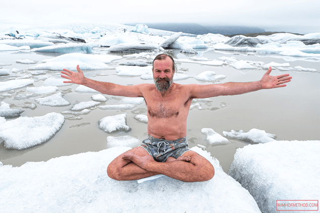 Wim Hof practicing his cold endurance technique in an icy landscape.