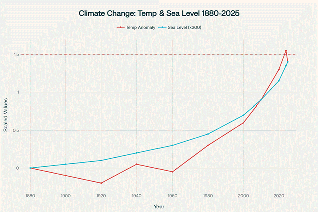 Climate change global Temperature Anomaly and Sea Level Rise (1880-2025)