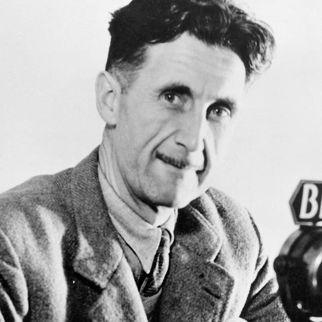 Black and white portrait of a man from the 1940s, possibly George Orwell, dressed in a coat and tie, with a microphone suggesting a broadcast or interview setting.