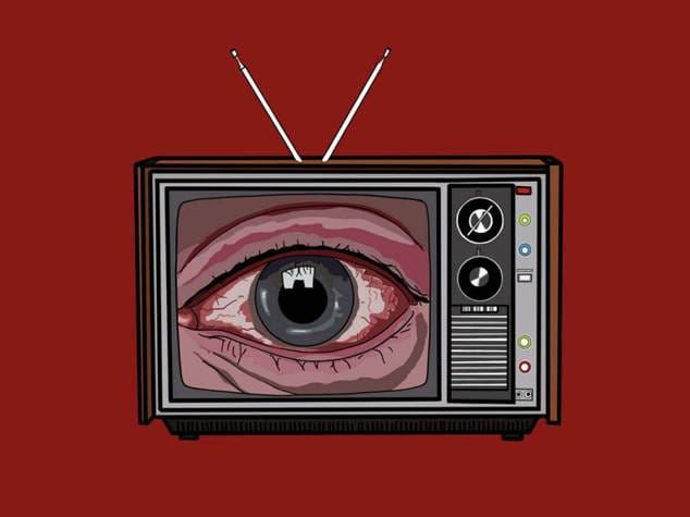 A vintage television screen displaying a large, watchful eye representing the constant surveillance in Orwell's Nineteen Eighty-Four.