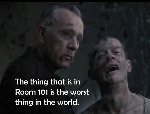 Room 101 in Orwell's Nineteen Eighty-Four symbolizes confronting prisoners with their worst fears as a form of torture.