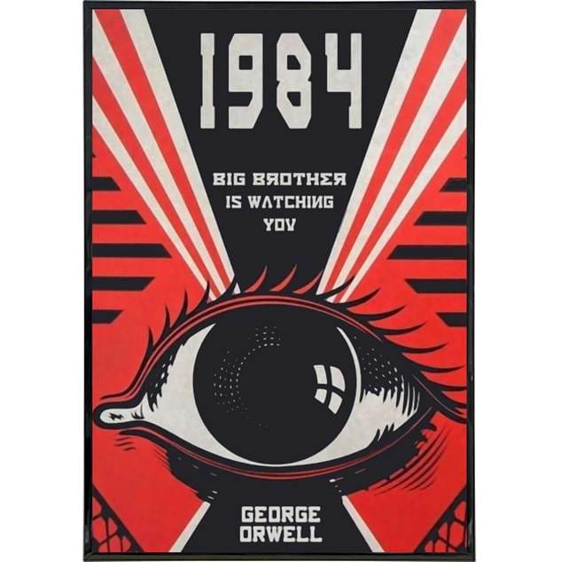 Poster depicting Big Brother's omnipresent surveillance from George Orwell's 1984, symbolized by a large watchful eye and bold propaganda text.