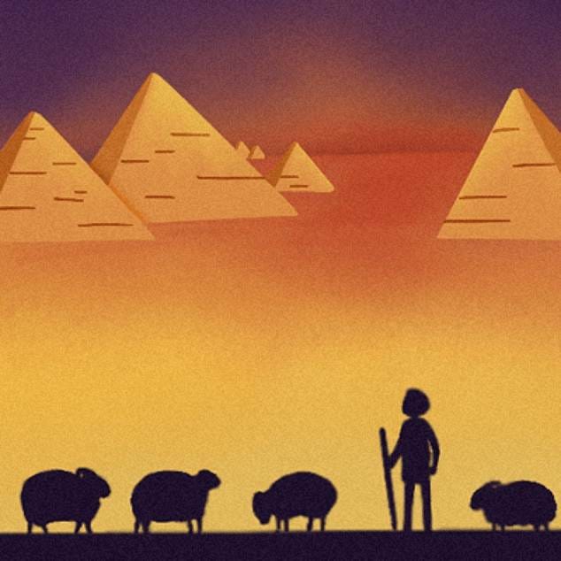 Illustration of Santiago the shepherd boy with his sheep near Egyptian pyramids, symbolizing his journey in The Alchemist.