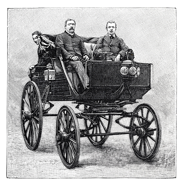 Engraving of an early 1900s electric carriage with four spoked wheels and two passengers, illustrating the design of one of the earliest electric vehicles.