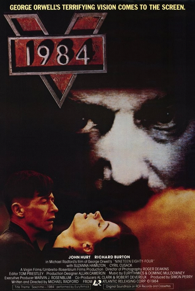Movie poster for George Orwell's dystopian novel 1984, featuring Big Brother and actors John Hurt and Richard Burton.