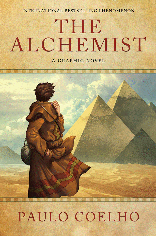 Cover of The Alchemist graphic novel adaptation by Paulo Coelho showing a shepherd boy facing pyramids.