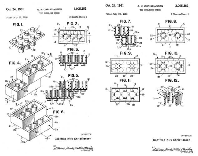 Original 1958 patent diagrams for LEGO toy building bricks by Godtfred Kirk Christiansen illustrating the stud and tube interlocking system.