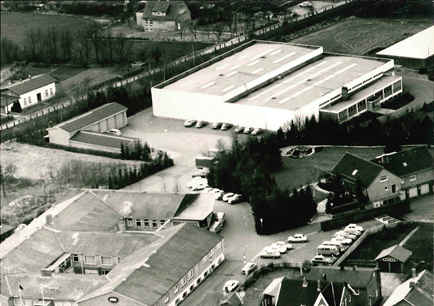 Aerial view of LEGO's early factory buildings in Billund, Denmark, showing the mold production area in the 1950s.