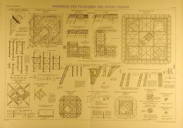 Detailed architectural and structural floor plans of the Eiffel Tower, illustrating its iron lattice framework and various floor designs.